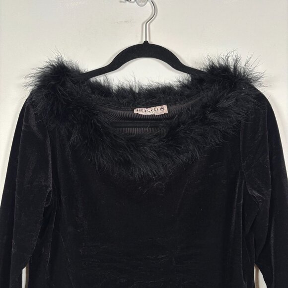 Vintage Black Velvet Feather Trim Top Y2K Party Holiday Glam Whimsigoth Size L - Picture 4 of 7